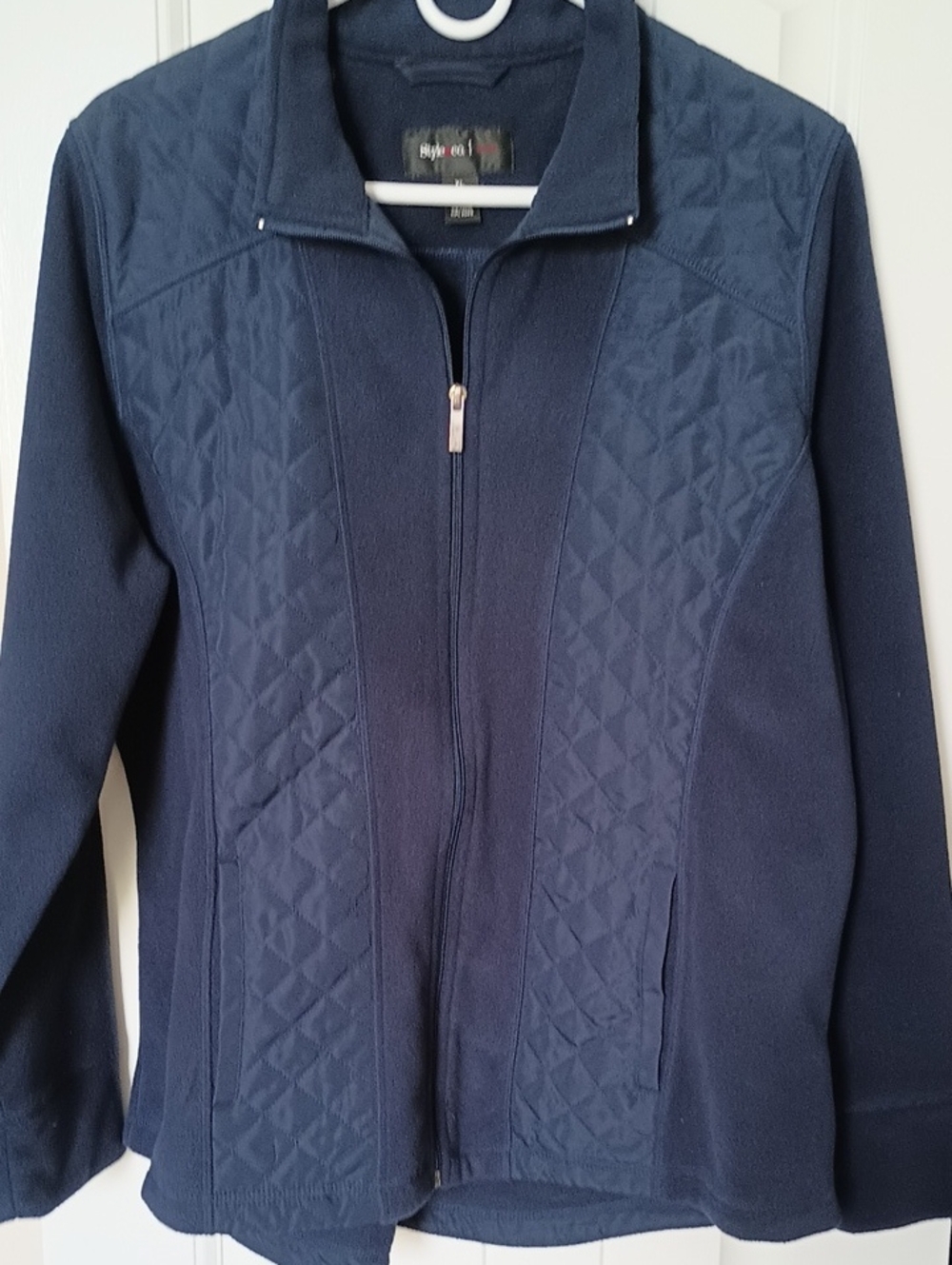 Style & Co. Navy Blue Quilted-Panel Zip-Front Jacket with Elbow Patches